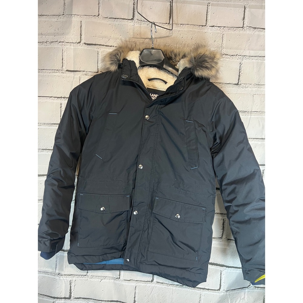 Lands End Boys Expedition Winter Parka Black Faux Fur Hood Grow-A-Longs L 14-16